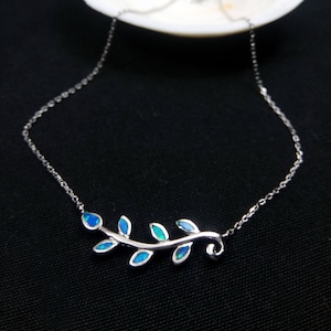 Sterling Silver 925 Opal Olive Leaves Necklace 40cm - 15.6&quot;, Silver Blue Opal Leaves Greek Necklace, Griechisches Silber Blau Opal Kette