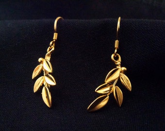 Sterling Silver 925 Greek Olive Leaf Leaves Gold Plated 22K Dangle Earrings, Leaf Gold Plated Silver Earrings, Griechische Gold Ohrringe