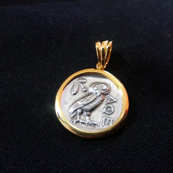 Sterling Silver 925 Greek Owl Gold Plated 21 mm Greek Pendant, Greek Jewelry Owl Pendant, Griechische Vergoldete Eule Anhanger Schmuck