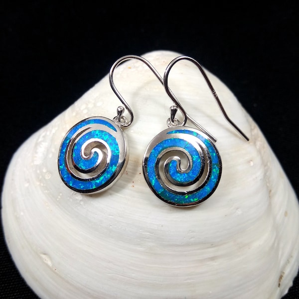 Sterling Silver 925 Greek Spiral Fire Blue Opal Dangle Earrings 15mm, Greek Opal Spiral Earrings, Greek Jewelry, Griechischer Opal Ohrringe