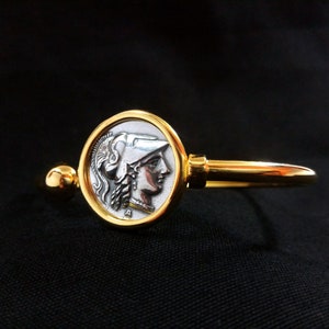 Sterling Silver 925 Goddess Athena Gold Plated Bangle Greek Coin 21mm Cuff Bracelet, Greek Silver Bracelet, Griechischer Gold Silber Armband