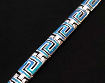 Pulsera de llave griega: plata de ley 925 y ópalo azul, longitud ajustable.