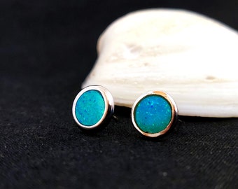 Silver Stud Earrings Opal Blue Round with Stone Gemstone Small Ladies 925 Earrings