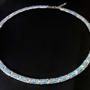 Greek Key Silver Necklace: Blue Opal Stones And Adjustable Length