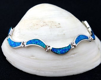 Sterling Silver 925 Blue Opal Wave Curved Greek Bracelet, Opal Bracelet, Griechischer Silber Blau Opal Stein Armband, Bracelet Grecque Opal