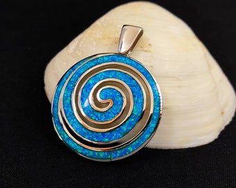 Sterling Silver 925 Greek Spiral Fire Blue Opal BIG Pendant 40mm, Greek Spiral Pendant, Greek Jewelry, Griechischer Opal Anhanger, Grecque