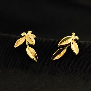 Sterling Silver 925 Greek Olive 3 Leaf Leaves Gold Plated 22K Stud Earrings, Leaf Gold Plated Silver Earrings, Griechische Gold Ohrringe