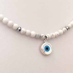 Greek Evil Eye Necklace, Natural White Howlite Stones 4mm, Sterling Silver 925 Nazar Pendant, Handmade Jewelry From Greece, Blau Augel