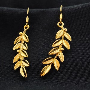 Sterling Silver 925 Greek Olive Leaf Leaves Gold Plated 22K Dangle Long Earrings, Leaf Gold Plated Earrings, Griechische Gold Ohrringe
