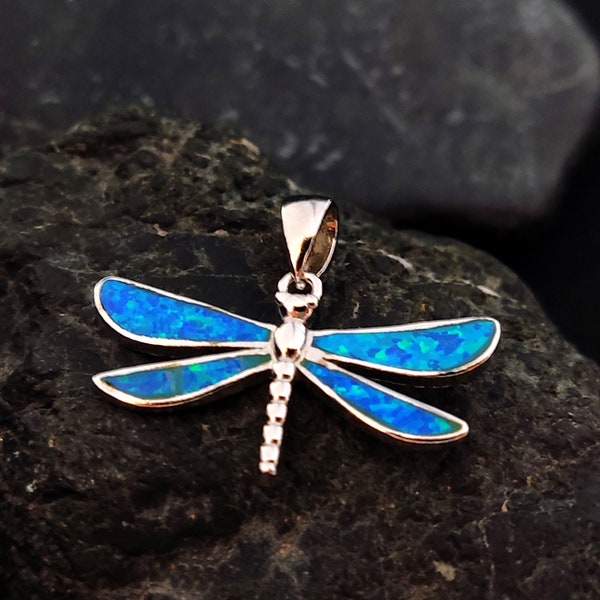 Sterling Silver 925 Dragonfly Fire Rainbow Blue Opal 25x13mm, Greek Dragonfly Blue Opal Pendant, Griechisches Silber Libelle Anhanger Kette