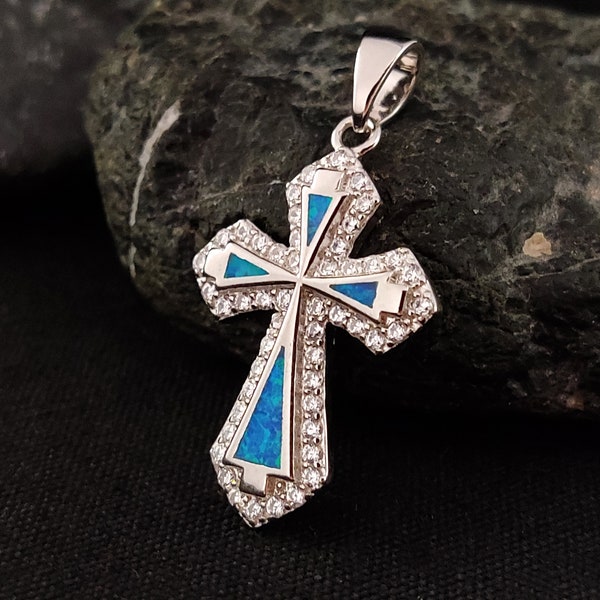 Sterling Silver 925 Greek Cross 17x24mm Opal Crystal Cross, Fire Opal Silver Pendant, Griechischer Blau Opal Kreuz ,Grece Grecque Croix