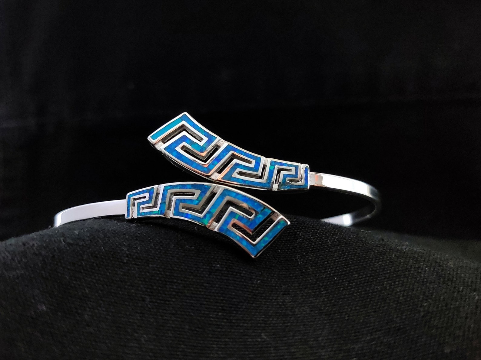 Sterling Silver 925 Greek Cuff Bracelet With Blue Opal Stones Etsy