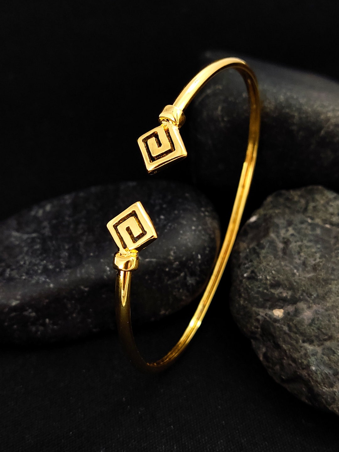 Greek Silver 925 Gold Plated Bangle Cuff Bracelet Meander Etsy