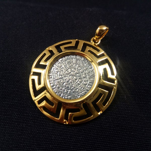 Sterling Silver 925 Meander Greek Key & Phaistos Disc Gold Plated 32mm Pendant, Greek Key Pendant, Griechisches Vergoldete Anhanger Schmuck