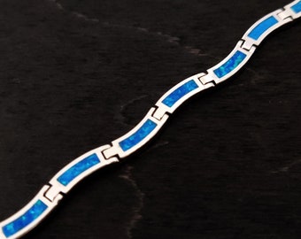 Pulsera ajustable de plata de 3 mm con diseño de onda de ópalo azul en todos los tamaños, brazalete de plata con ópalo azul griego, joyería griega, joyería griega