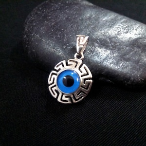 Sterling Silver 925 Evil Eye Greek Key Turkish Round Meander Pendant 16mm, Mati Blue Evil Eye Pendant Pendant, Pendetif Grecque Mati