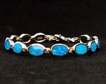 Sterling Zilver 925 Fire Rainbow Blue Oval Opal Griekse armband, Opal Armband, Griechischer Silber Blau Opal Stein Armband, Griekse sieraden