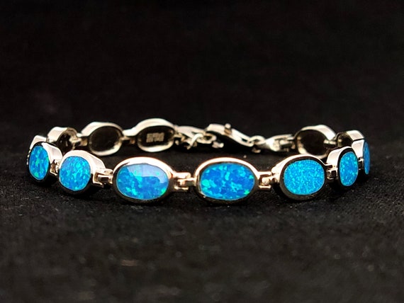Sterling Silver 925 Fire Rainbow Blue Oval Opal Greek Bracelet, Opal Bracelet, Griechischer Silber Blau Opal Stein Armband, Greek Jewelry