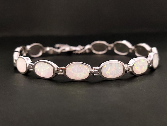 White Opal Greek Silver Bracelet Oval Stones, Sterling Silver 925, Griechischer Silber Weiss Opal Stein Armband, Jewelry From Greece