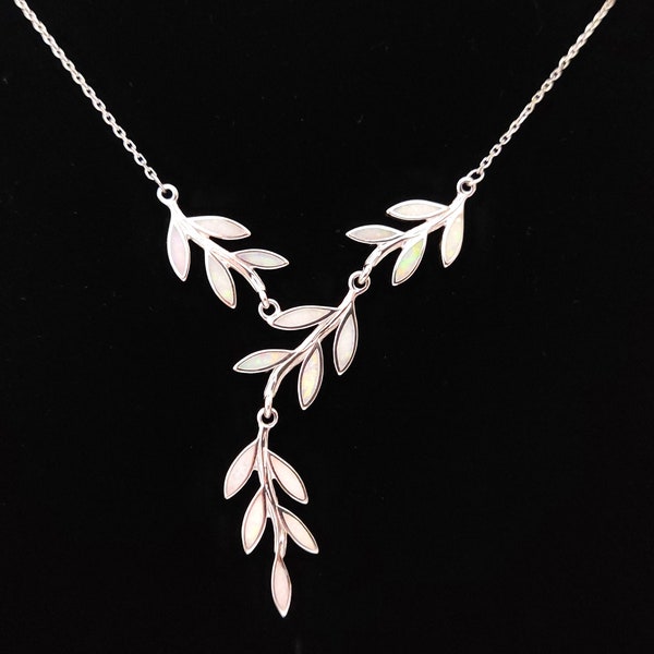 Sterling Silver 925 Fire Rainbow White Opal Olive Leaf Leaves Fine Necklace, Athena Necklace, Opal Silber Kette, Bijoux Grecque, Heart