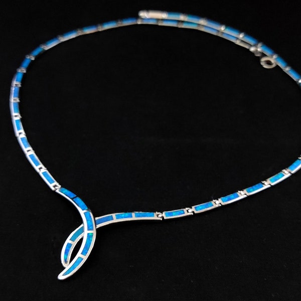 Sterling Silver 925 Fire Rainbow Blue Opal Modern Design Tie Necklace  ,Griechischer Opal Silber Kette, Bijoux Grecque, Greek Jewelry