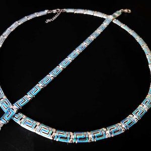 Jewelry Set From Greece, Greek Key Blue Opal Silver Necklace And Bracelet, Griechisches Silber Kette Und Armband Blau Opal, Bijoux Grecque
