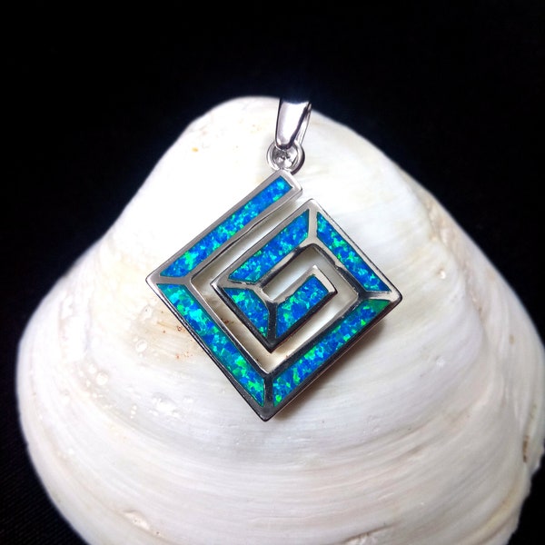 Sterling Silver 925 Greek Spiral Fire Blue Opal Square Pendant 20x20mm, Greek Opal Meander Pendant, Greek Jewelry, Griechischer Opal Schmuck