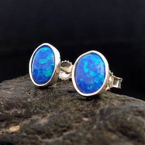 Sterling Silver 925 Greek Oval Fire Blue Opal Stud Earrings 10x8mm, Greek Opal Jewelry, From Greece, Griechischer Opal Silber Ohrringe