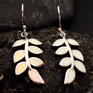 Sterling Silver 925 Greek Olive Leaf Leaves White Opal Dangle Earrings, Leaf Silver Earrings, Griechische Ohrringe, Bijoux Grecque, 25x12mm