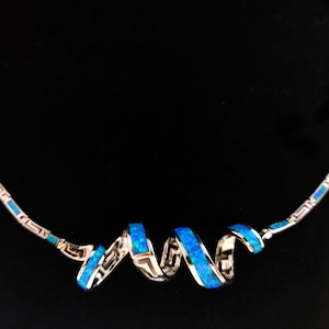 Silver Greek Opal Necklace, Blue Opal Greek Key Meander Twirling Necklace ,Griechischer Opal Silber Kette, Bijoux Grecque, Greek Jewelry