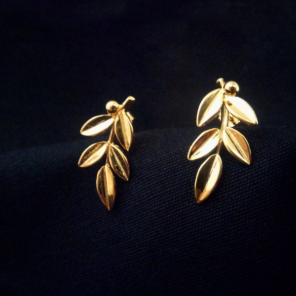 Sterling Silver 925 Greek Olive Leaf Leaves Gold Plated 22K Stud Earrings, Leaf Gold Plated Silver Earrings, Griechische Gold Ohrringe