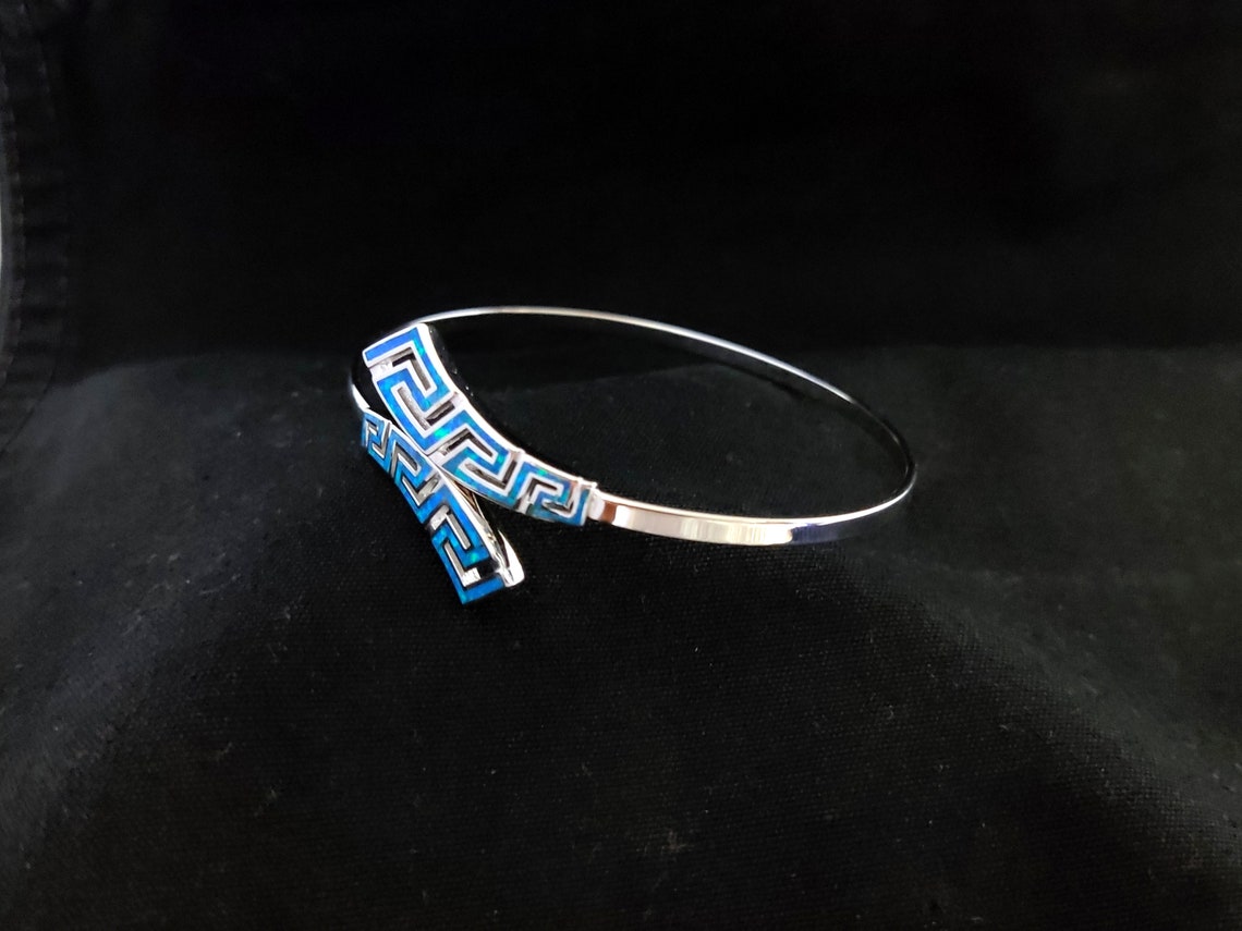 Sterling Silver 925 Greek Cuff Bracelet With Blue Opal Stones Etsy