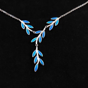 Sterling Silver 925 Fire Rainbow Blue Opal Olive Leaf Leaves Fine Necklace, Athena Necklace, Blau Opal Herz Anhanger, Bijoux Grecque, Heart
