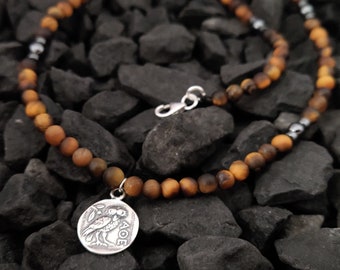 Handmade Greek Necklace With Natural Tiger Eye And Sterling Silver 925 Double Side Athena Owl Coin Pendant Necklace, Jewelry From Greece