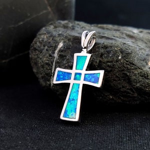 Sterling Silver 925 Greek Cross 25x14mm Opal Pendant, Cross Fire Opal Silver Pendant, Griechisches Blau Opal Kreuz ,Grece Grecque Croix