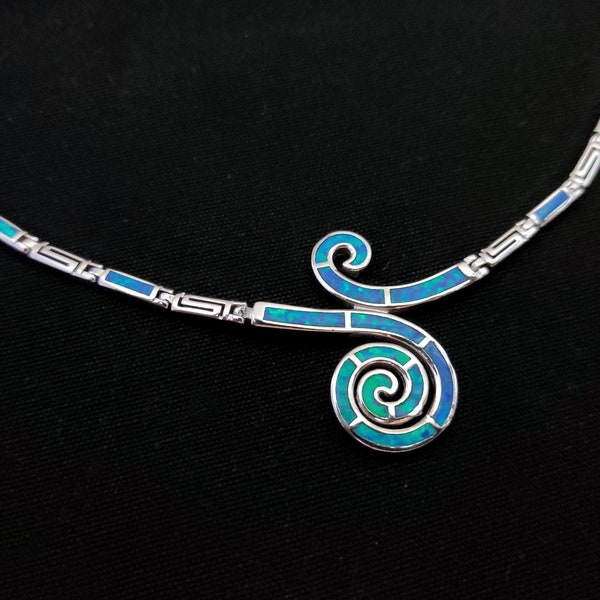 Sterling Silver 925 Fire Rainbow Blue Opal Greek Double Spiral Wave Necklace  ,Griechischer Opal Silber Kette, Bijoux Grecque, Greek Jewelry