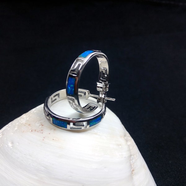 Sterling Silver 925 Opal Hoop Meander Greek Earrings, Greek Key Hoops Earrings, Griechisches Ohrringe Opal, Bijoux Grecque, Greek Earrings