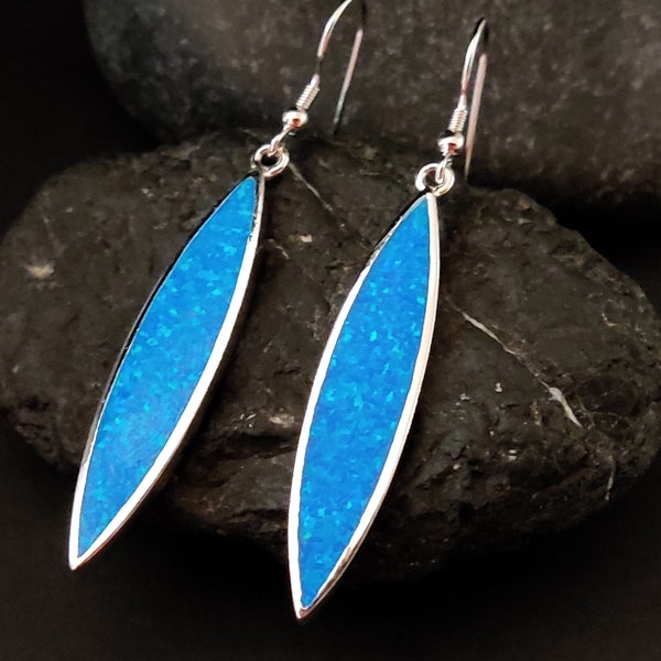 Blue Opal Eye Shape Silver Dangle Earrings 38x9mm, Griechisches Blau Silber Ohrringe, Jewelry From Greece, Bijoux Grecque, Blue Opal Stone