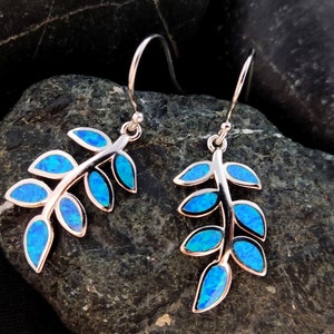 Sterling Silver 925 Greek Olive Leaf Leaves Blue Opal Dangle Earrings, Leaf Silver Earrings, Griechische Ohrringe, Bijoux Grecque, 25x12mm