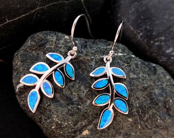 Sterling Silver 925 Greek Olive Leaf Leaves Blue Opal Dangle Earrings, Leaf Silver Earrings, Griechische Ohrringe, Bijoux Grecque, 25x12mm