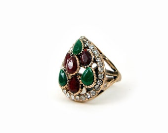 Byzantine  Multicolor Crystal Stones Modern Greek Pear Drop Shape Ring, Ethnic  Ring, Turkish Vintage Ring Traditional Jewelry