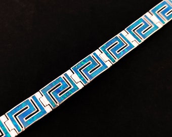 Sterling Silver 925 Greek Bracelet With Blue Opal Stones, Eternity Blue Opal Bracelet 10mm , Griechischer Blau Opal Armband, Bijoux Grecque