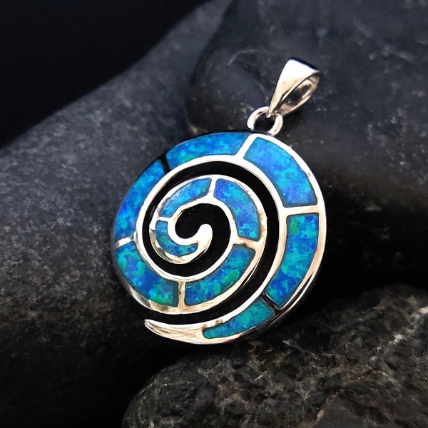 Sterling Silver 925 Fire Rainbow Blue Opal Greek Spiral Small Pendant 23mm, Ancient Greek Spiral Swirl Vortex Opal Pendant, Opal Jewelry