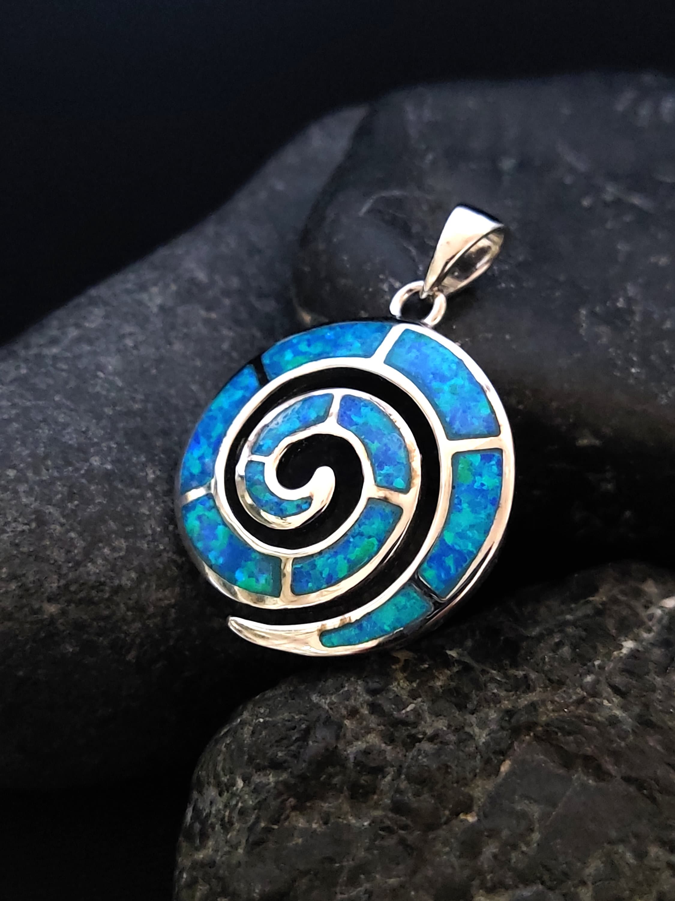 Sterling Silver 925 Fire Rainbow Blue Opal Greek Spiral Small Pendant 23mm, Ancient Greek Spiral Swirl Vortex Opal Pendant, Opal Jewelry