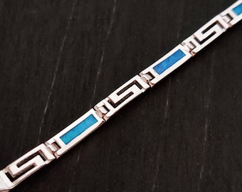 Pulsera de plata de ley 925 con llave griega de ópalo azul arcoíris, pulsera de ópalo, brazalete de piedra de ópalo azul de plata griega, pulsera griega