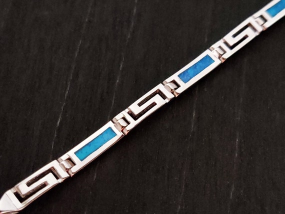 Sterling Silver 925 Fire Rainbow Blue Opal Greek Key Bracelet, Opal Bracelet, Griechischer Silber Blau Opal Stein Armband, Bracelet Grecque