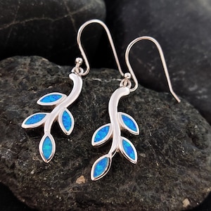 Sterling Silver 925 Greek Olive Leaf Leaves Blue Opal Dangle Earrings, Leaf Silver Earrings, Griechische Ohrringe, Bijoux Grecque, 25x10mm