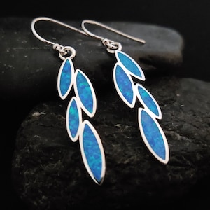 Sterling Silver 925 Greek Leaf Leaves Blue Opal Dangle Earrings 35x8mm, Leaf Silver Earrings, Griechische Ohrringe, Bijoux Grecque, 25x12mm