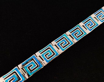Pulsera griega cuadrada de plata de ley 925 con piedras de ópalo azul de 10 mm, joyería Eternity de ópalo azul, brazalete de ópalo azul griego, bisutería griega
