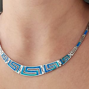 Greek Silver Jewelry, Greek Silver Necklace, Jewelry From Greece, Greek Opal Necklace, Meander Silver Necklace, Blue Opal Greek Necklace